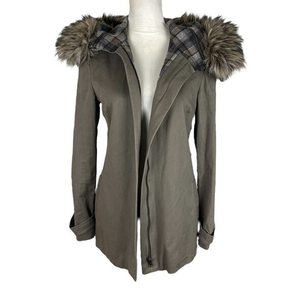 L’agence Parka Coat Detachable Faux Fur Hood Coat Plaid Wool Lining Size 4 - Picture 6 of 8